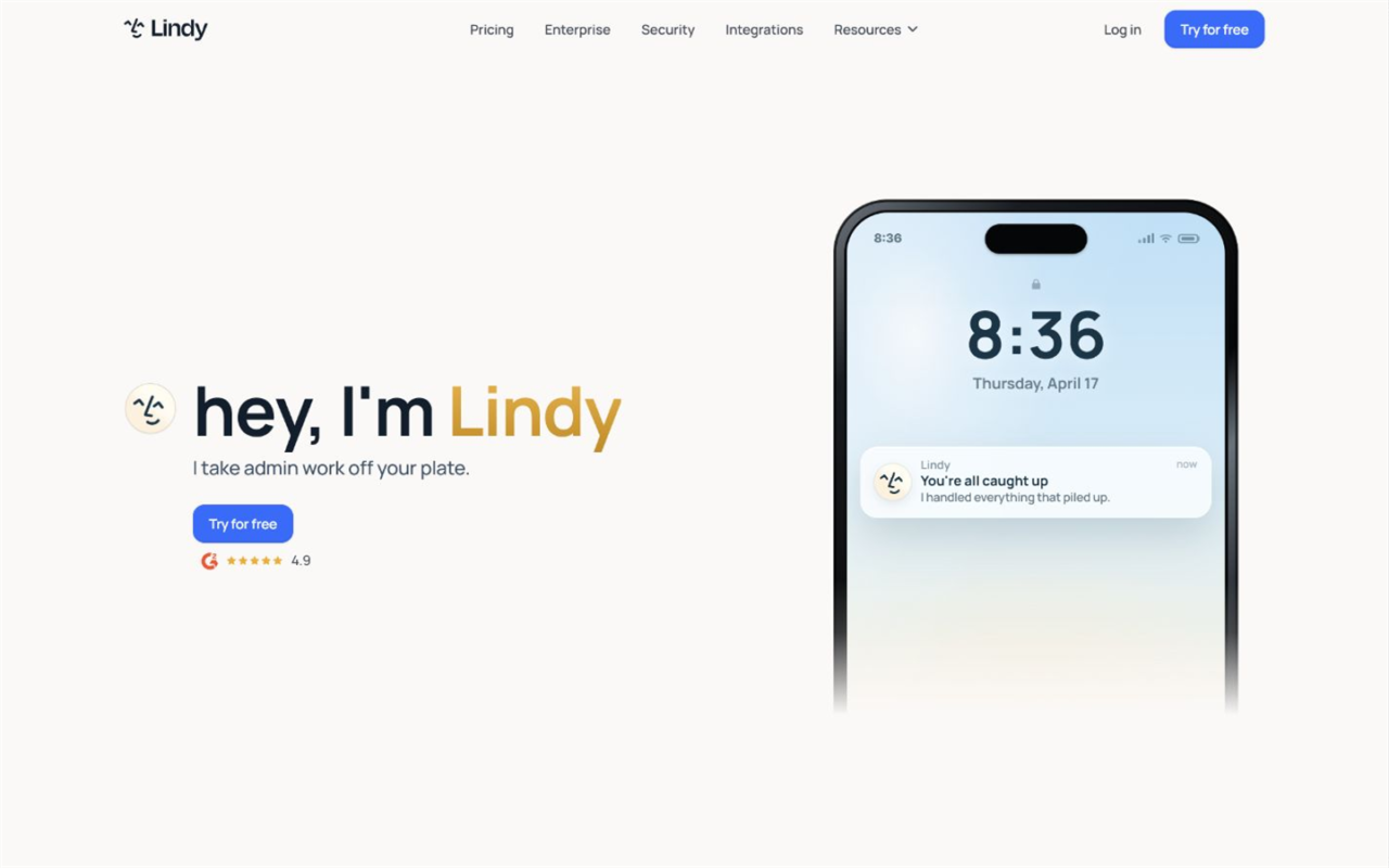 Lindyの公式ドキュメント画面。メール、会議、予定を自律管理するプランと機能の紹介