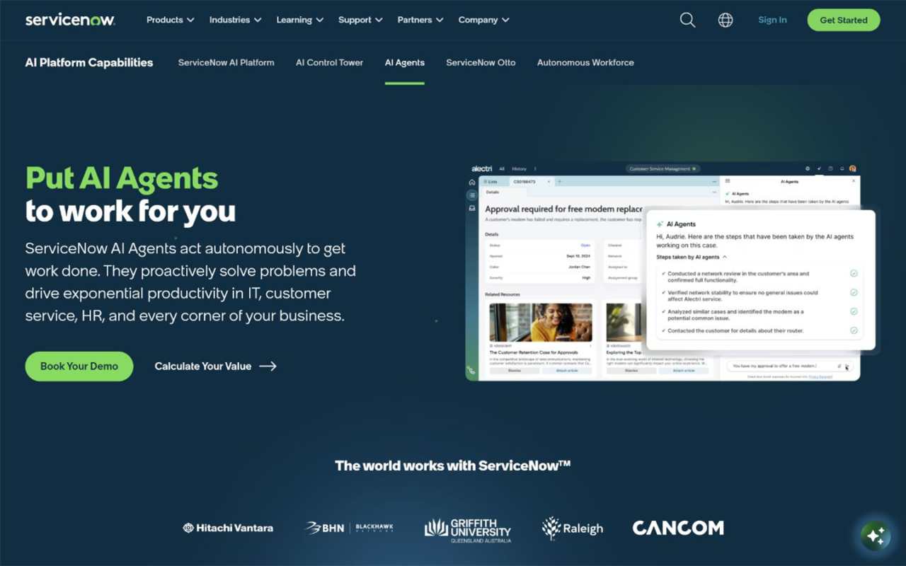 ServiceNow AI Agentsの公式サイト。ITSMと社内ワークフローの自動化を紹介する画面