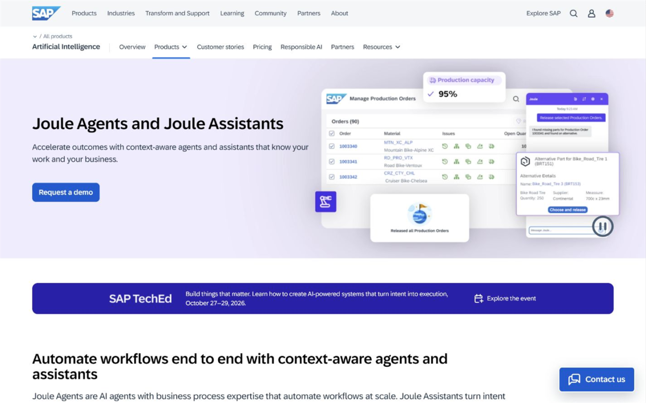 SAP Joule Agentsの公式サイト。SAPの業務データからプロセスを自動化する構成の紹介画面